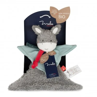 Doudou Ane en coton biologique - 22 CM signé Mailou Tradition sur sa jolie carte