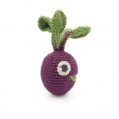 Betty la Mini Betterave - hochet pour bébé en coton bio signé MyuM, vue de profil Betty la Mini Betterave - hochet pour bébé en coton bio signé MyuM, vue de profil