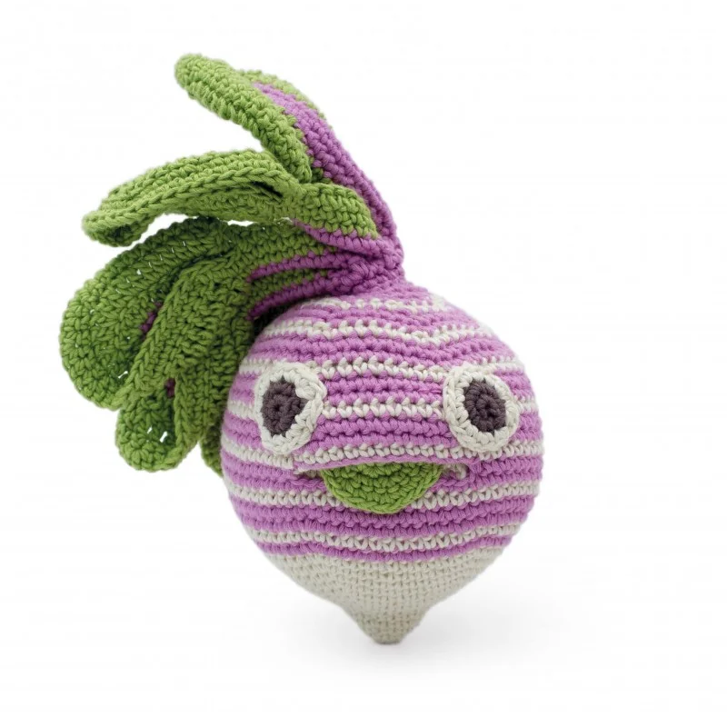 René le Gros Navet Rayé - hochet pour bébé en coton bio de la collection Veggy Toys de la marque MyuM, vue de face René le Gros Navet Rayé - hochet pour bébé en coton bio de la collection Veggy Toys de la marque MyuM, vue de face