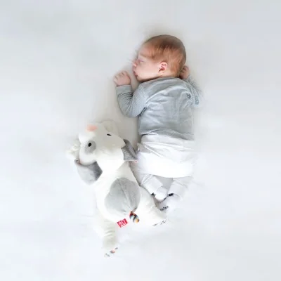 Peluche sonore à bruit blanc Dex le chien signée Zazu dans le lit avec bébé Peluche sonore à bruit blanc Dex le chien signée Zazu dans le lit avec bébé