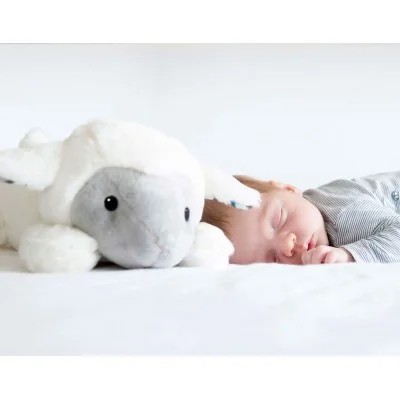 Peluche sonore a bruit blanc Liz l'agneau signée Zazu, dans le lit près de bébé Peluche sonore a bruit blanc Liz l'agneau signée Zazu, dans le lit près de bébé