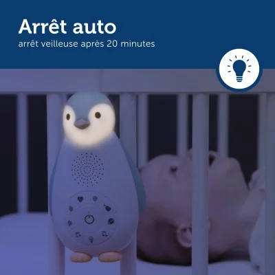 Veilleuse musicale nomade bleue Zoë le pingouin signée Zazu avec arrêt automatique Veilleuse musicale nomade bleue Zoë le pingouin signée Zazu avec arrêt automatique