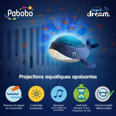 Projecteur effets aquatiques baleine Aqua Dream signé Pabobo avec de nombreuses fonctionnalités