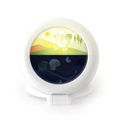 Indicateur de réveil Kid'Sleep Globetrotter - Blanc signé Pabobo en position réveillée Indicateur de réveil Kid'Sleep Globetrotter - Blanc signé Pabobo en position réveillée