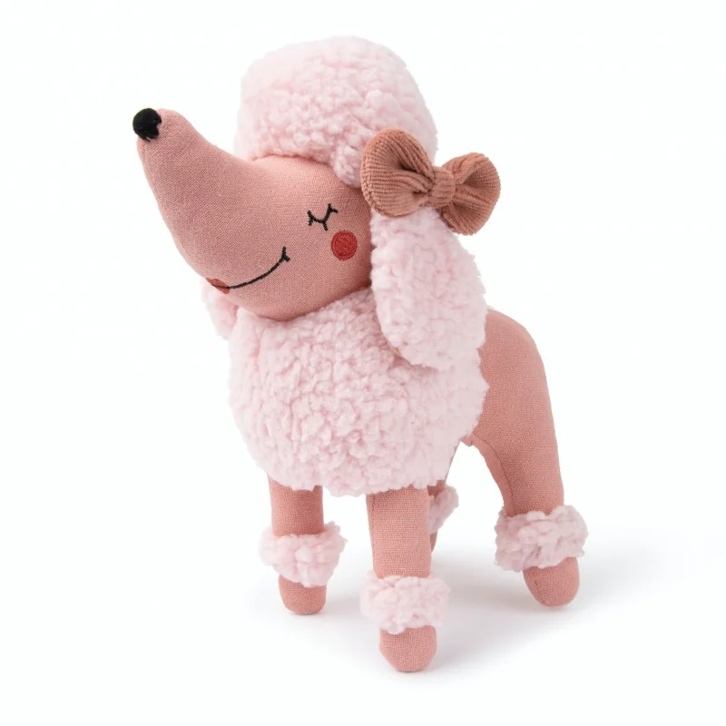 Peluche caniche rose Patricia signée Picca Loulou, vue de demi-profil Peluche caniche rose Patricia signée Picca Loulou, vue de demi-profil