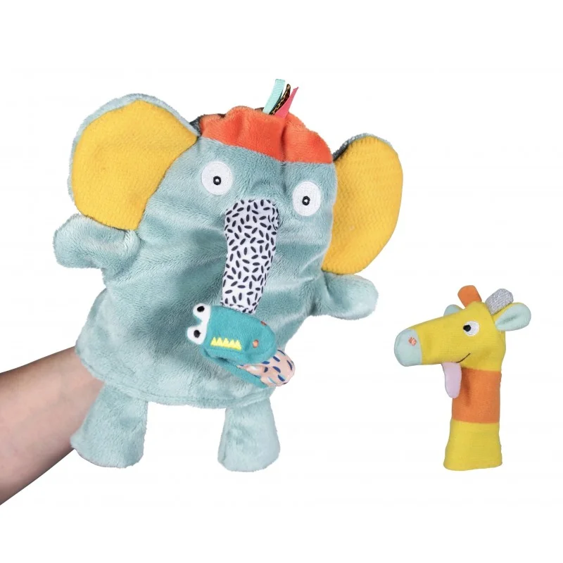 Marionnette Eléphant + 2 marionnettes de doigt pour les enfants signée Ebulobo
