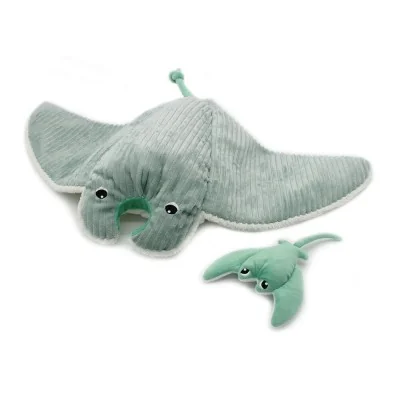 Peluche Mantalou la raie manta maman et son bébé menthe de la collection Ptipotos signée Les Deglingos