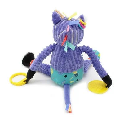 Peluche d’activités nomade Kiprokos Le Zèbre signée Les Deglingos, vue de dos Peluche d’activités nomade Kiprokos Le Zèbre signée Les Deglingos, vue de dos