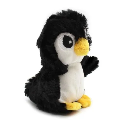 Peluche pingouin Iglou maman et son bébé noir signée Les Deglingos, bébé vu de profil