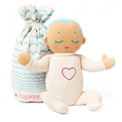 Poupée d'endormissement Lulla doll - bleu ciel avec son sac de rangement