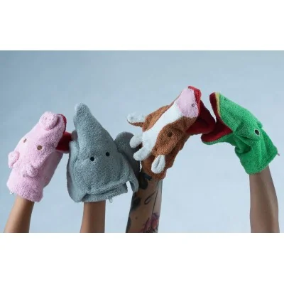 Gants de toilette marionnette animaux en coton bio signés Fürnis