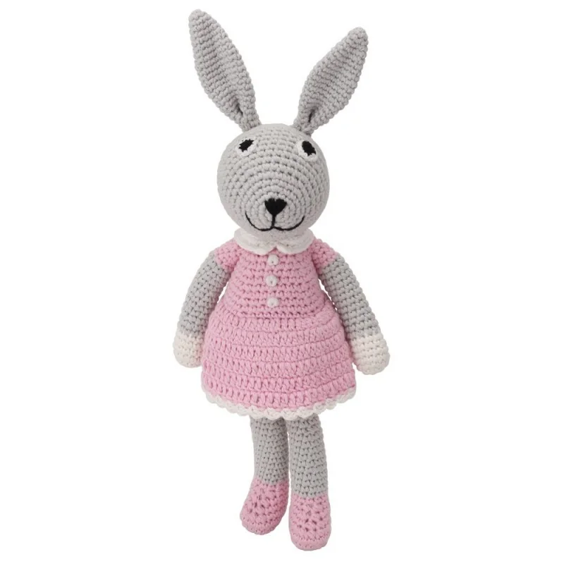 Doudou lapin au crochet rose avec hochet signé Sindibaba Doudou lapin au crochet rose avec hochet signé Sindibaba