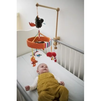 Bébé contemplant le Mobile musical Louloup signé Ebulobo Bébé contemplant le Mobile musical Louloup signé Ebulobo
