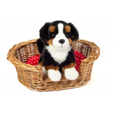 Peluche bouvier bernois assis - 21 cm signée Teddy Hermann, dans un panier en osier