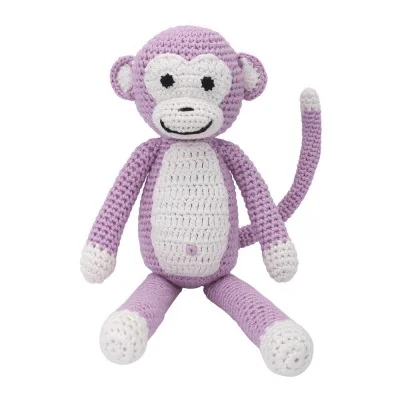 Doudou singe rose pastel au crochet avec grelot signé Sindibaba
