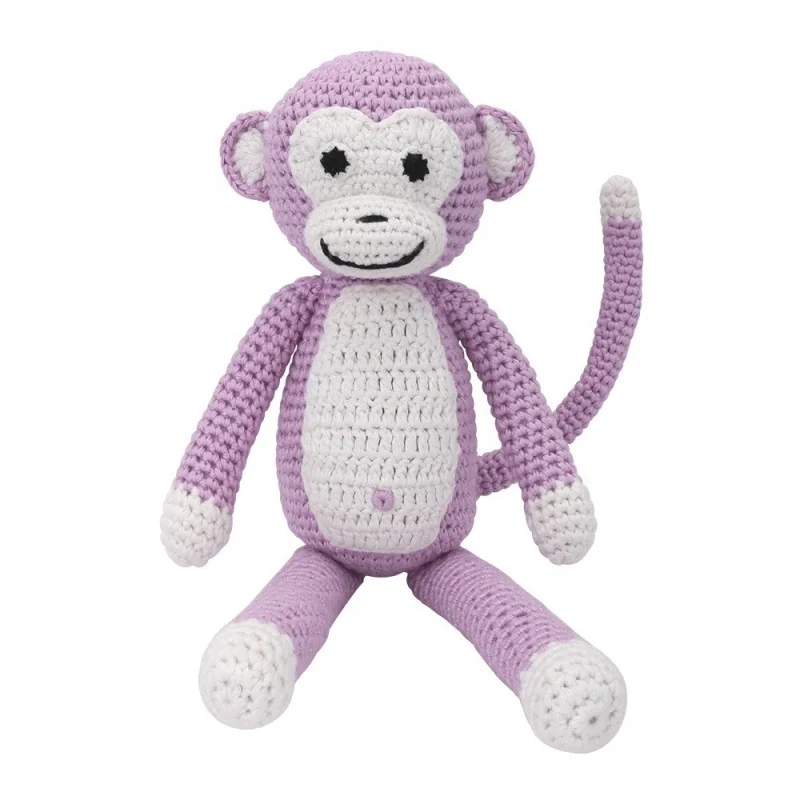 Doudou singe rose pastel au crochet avec grelot signé Sindibaba Doudou singe rose pastel au crochet avec grelot signé Sindibaba
