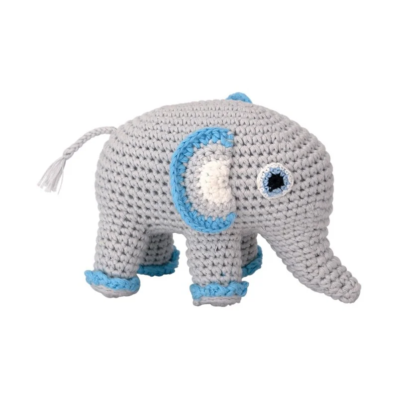 Doudou éléphant gris-bleu au crochet avec grelot signé Sindibaba Doudou éléphant gris-bleu au crochet avec grelot signé Sindibaba