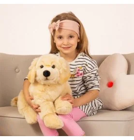 Jeune fille jouant avec Peluche Golden Retriever couché - 60 cm signée Teddy Hermann Jeune fille jouant avec Peluche Golden Retriever couché - 60 cm signée Teddy Hermann
