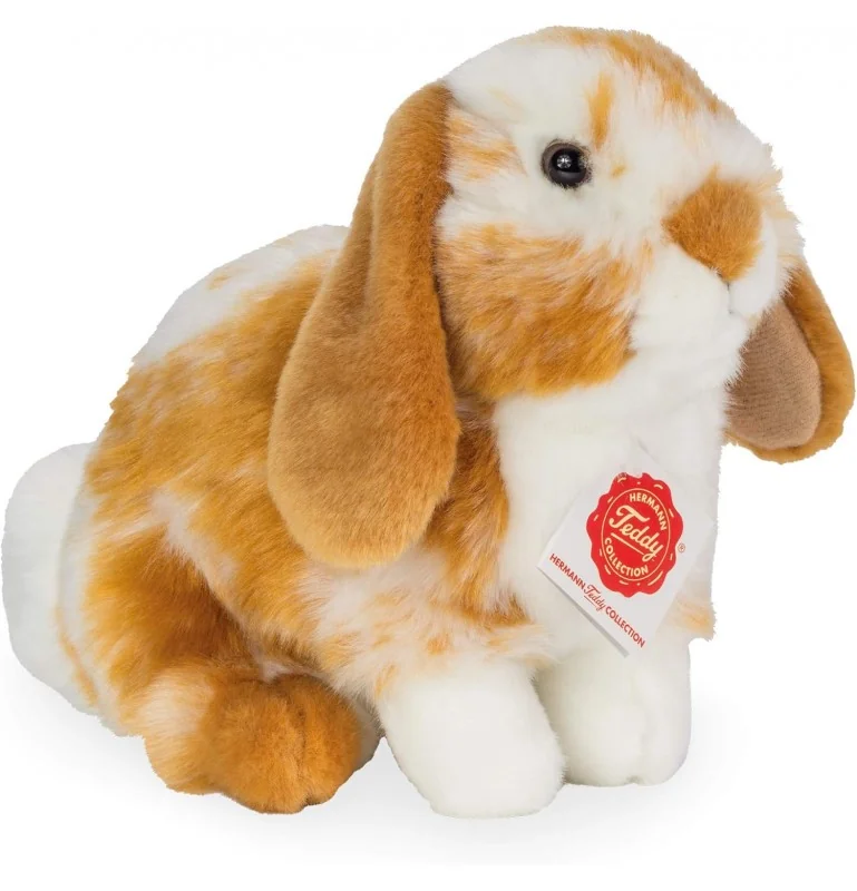Peluche lapin assis tacheté marron clair et blanc - 20 cm signée Teddy Hermann