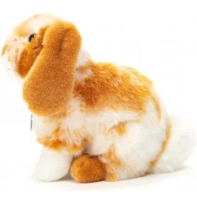 Peluche lapin assis tacheté marron clair et blanc - 20 cm signée Teddy Hermann, vue de profil