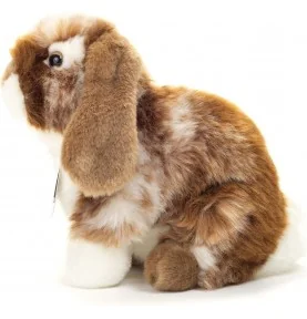 Peluche lapin assis tacheté marron foncé et blanc - 20 cm signée Teddy Hermann, vue de profil Peluche lapin assis tacheté marron foncé et blanc - 20 cm signée Teddy Hermann, vue de profil