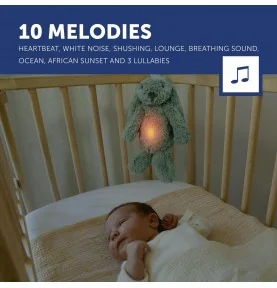 La peluche veilleuse bruit blanc RO le lapin vert signée Zazu Kids possède 10 modes sonores La peluche veilleuse bruit blanc RO le lapin vert signée Zazu Kids possède 10 modes sonores