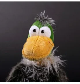 Peluche canard "Gacko Gack" signée Sigikid, gros plan sur la tête
