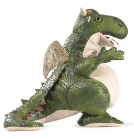 Marionnette à main dragon amical signée Folkmanis, vue de profil Marionnette à main dragon amical signée Folkmanis, vue de profil