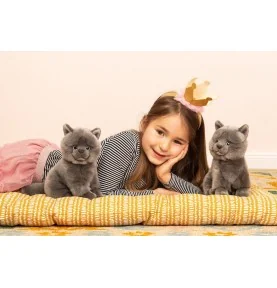 Jeune fille jouant avec Peluche chat chartreux assis - 20 cm signée Teddy Hermann Jeune fille jouant avec Peluche chat chartreux assis - 20 cm signée Teddy Hermann