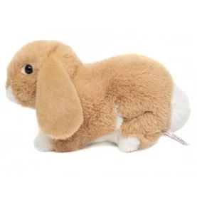 Jeune fille jouant avec Peluche lapin beige - 23 cm signée Teddy Hermann, vue de profil Jeune fille jouant avec Peluche lapin beige - 23 cm signée Teddy Hermann, vue de profil