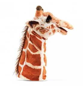 Marionnette girafe signée Folkmanis, vue de profil Marionnette girafe signée Folkmanis, vue de profil