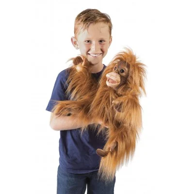 Jeune garçon avec Marionnette à main Bébé Orang Outan dans les bras Jeune garçon avec Marionnette à main Bébé Orang Outan dans les bras