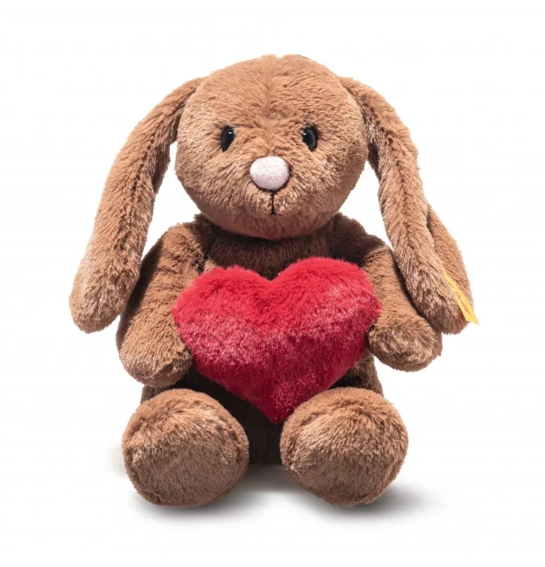 Peluche lapin Hoppie Love avec cœur marron - 16 cm signée Steiff