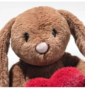 Peluche lapin Hoppie Love avec cœur marron - 16 cm signée Steiff, gros plan sur la tête