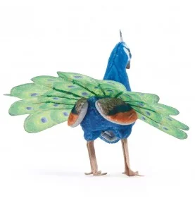 Marionnette mini paon signée Folkmanis, vue de dos Marionnette mini paon signée Folkmanis, vue de dos