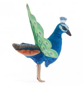 Marionnette mini paon signée Folkmanis, vue de profil Marionnette mini paon signée Folkmanis, vue de profil