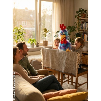 Spectacle dans le salon avec Marionnette Coq Sir Theo - 90 cm signée Living Puppets Spectacle dans le salon avec Marionnette Coq Sir Theo - 90 cm signée Living Puppets